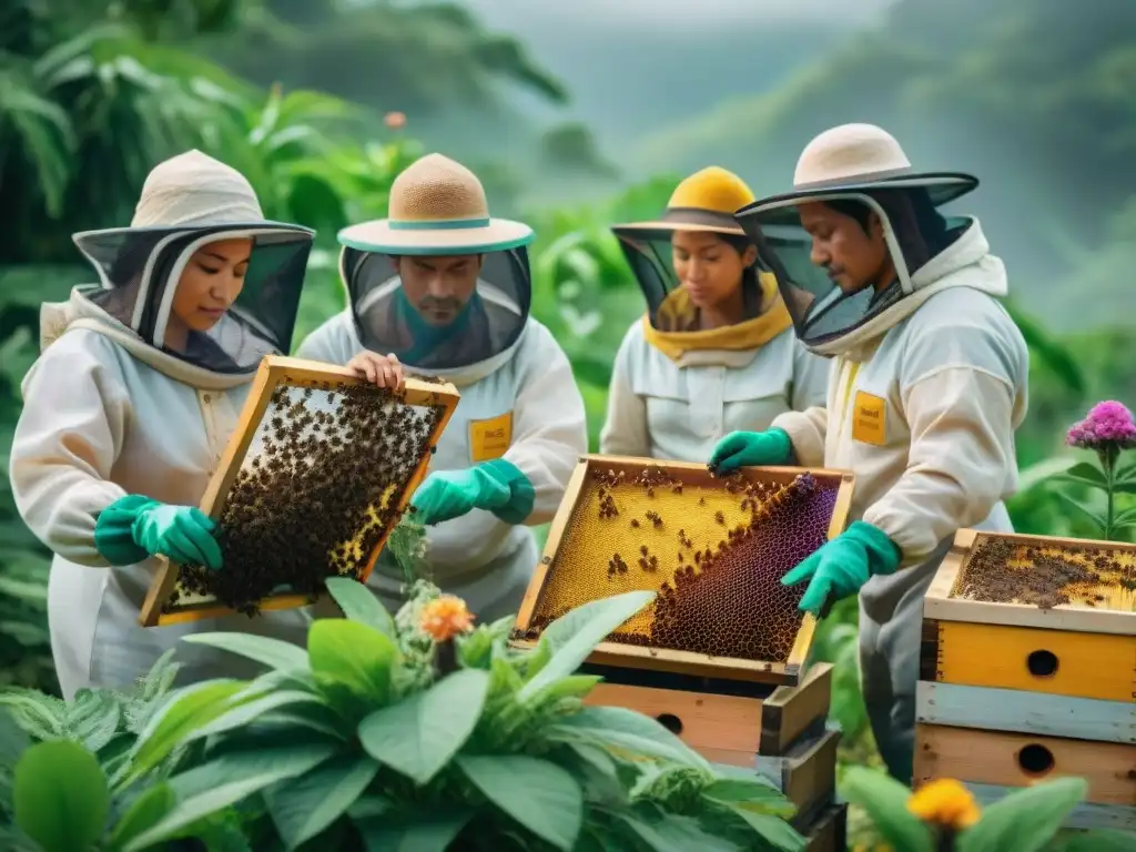 Sanadores mayas en armonía con abejas, reflejando la importancia de estos insectos en la medicina herbal maya