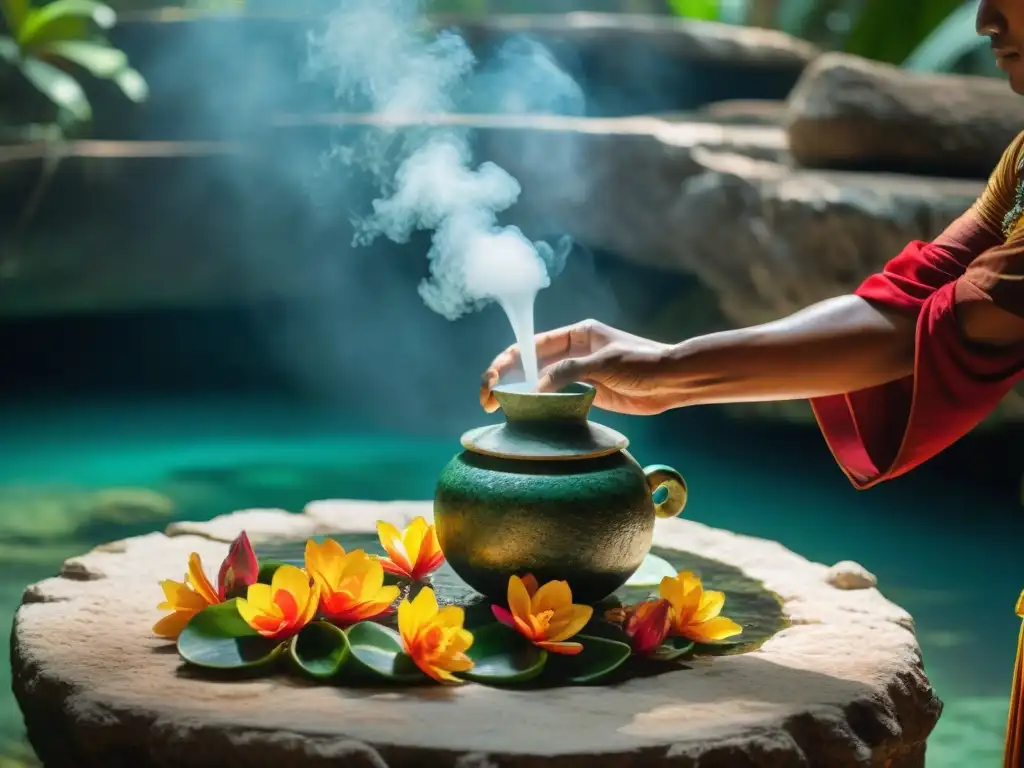 Secreto maya purificación agua: Chamán vierte agua en cenote en ceremonia ancestral entre selva y piedra sagrada