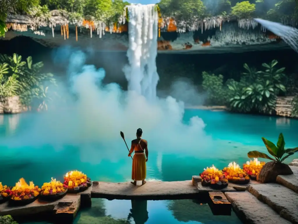 Secreto maya purificación agua: Ceremonia en cenote con chamán, humo de copal, naturaleza exuberante y ruinas antiguas