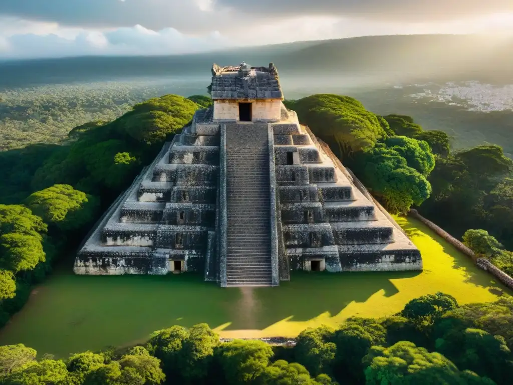 Descubriendo secretos de Ek' Balam: Vista aérea en 8k de las ruinas mayas con detallados grabados, la pirámide El Torre y la exuberante jungla