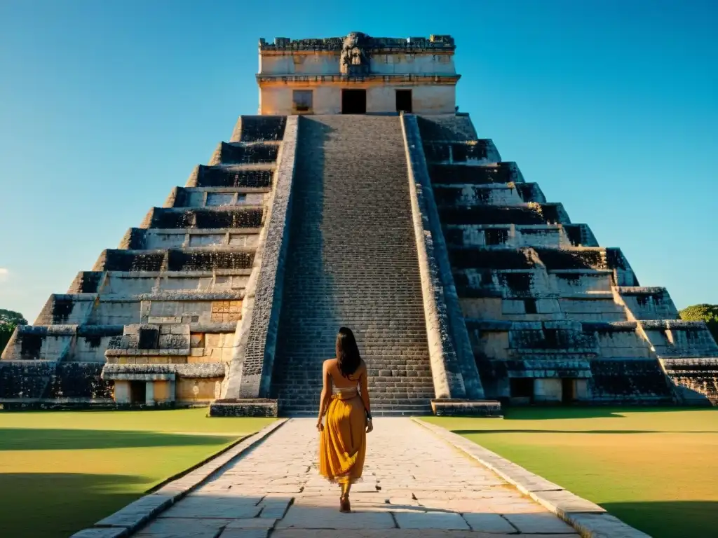 Explora los secretos de Chichén Itzá, cultura maya, en la majestuosa pirámide de El Castillo bajo un cielo azul