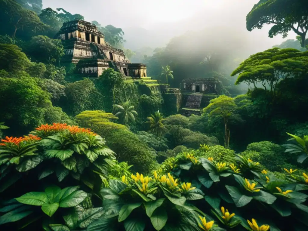 Una selva exuberante en Chiapas, México, con follaje verde, flores tropicales y ruinas mayas