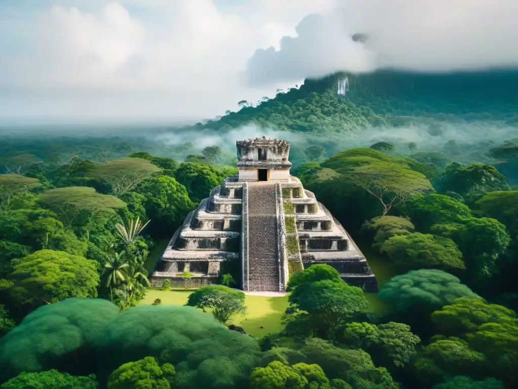 Selva exuberante de la región Maya, con templo cubierto de vegetación