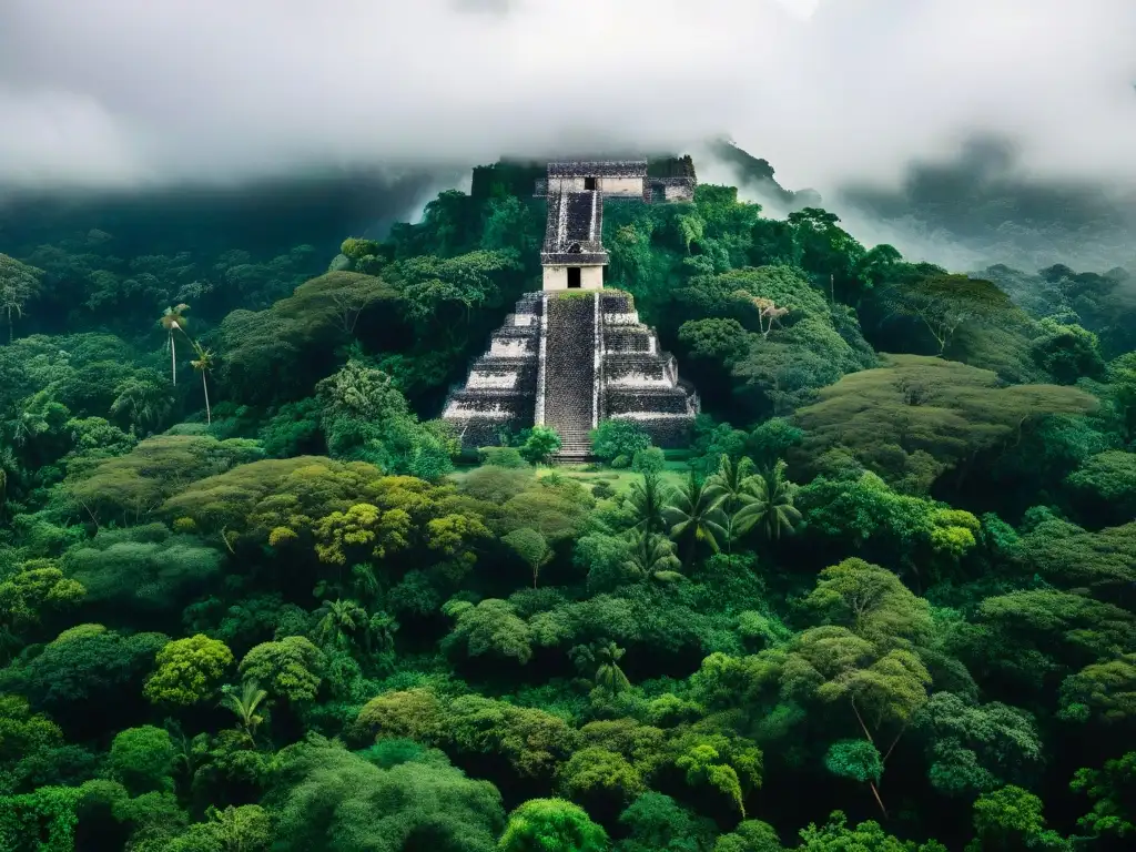 Una selva maya densa y exuberante con antiguas ruinas apenas visibles entre la vegetación, mostrando el impacto ambiental de la civilización maya