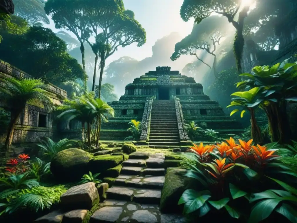 Explora la selva maya con ruinas antiguas entre la exuberante vegetación