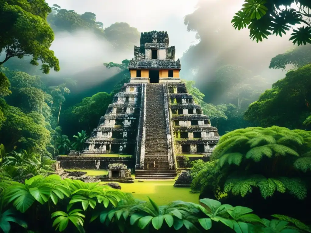 Explora la selva maya con ruinas antiguas entre exuberante vegetación