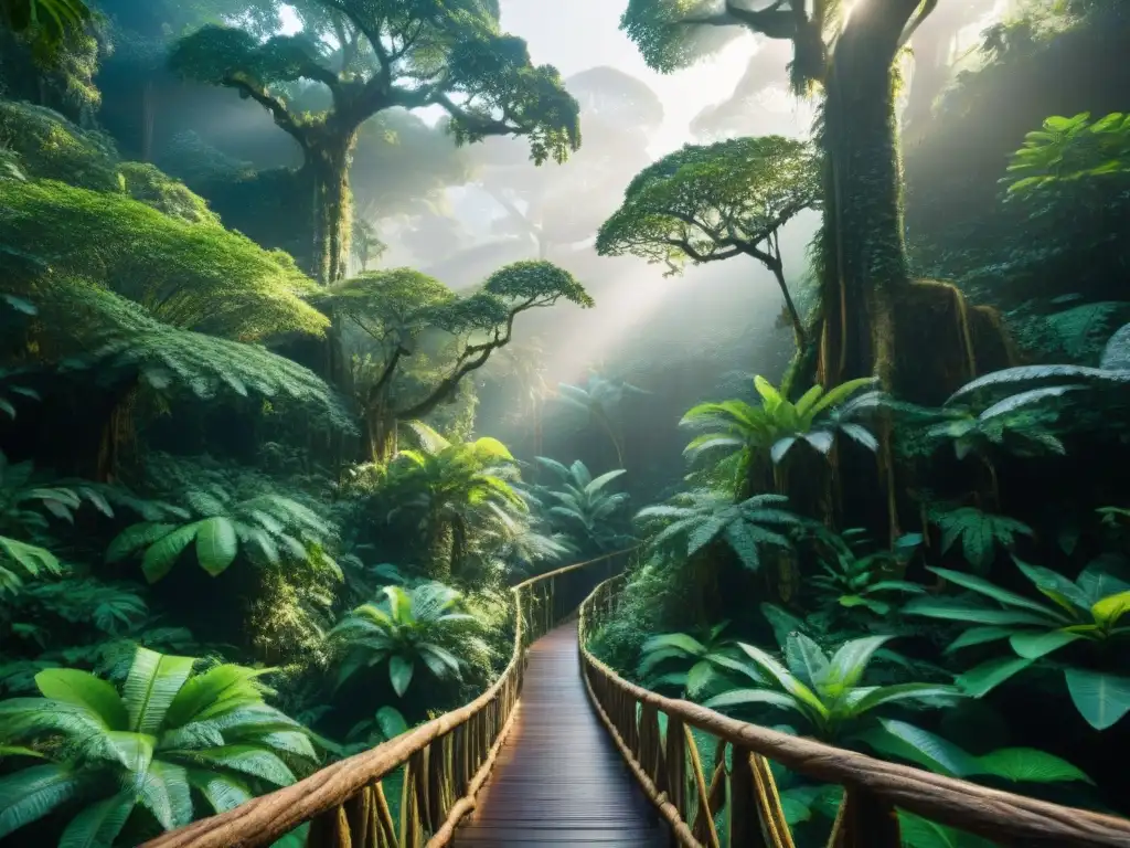 Un sendero encantado en la selva maya, con árboles antiguos y una exuberante vegetación iluminada por el sol