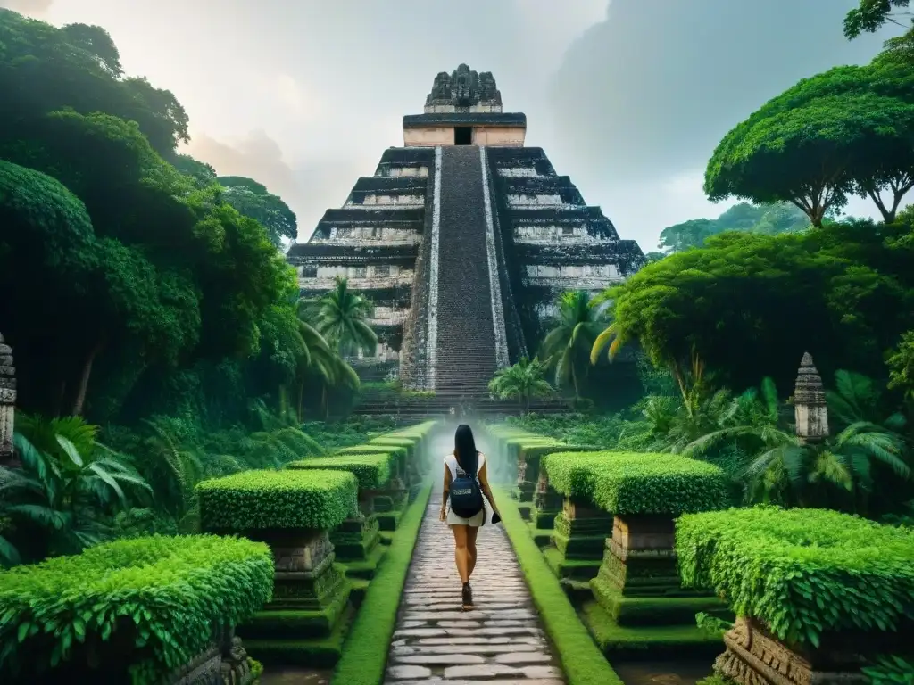 Explora las ruinas mayas en la selva exuberante Un sendero exuberante en la jungla con ruinas mayas y templos tallados, revelando la grandiosidad de las ciudades mayas perdidas