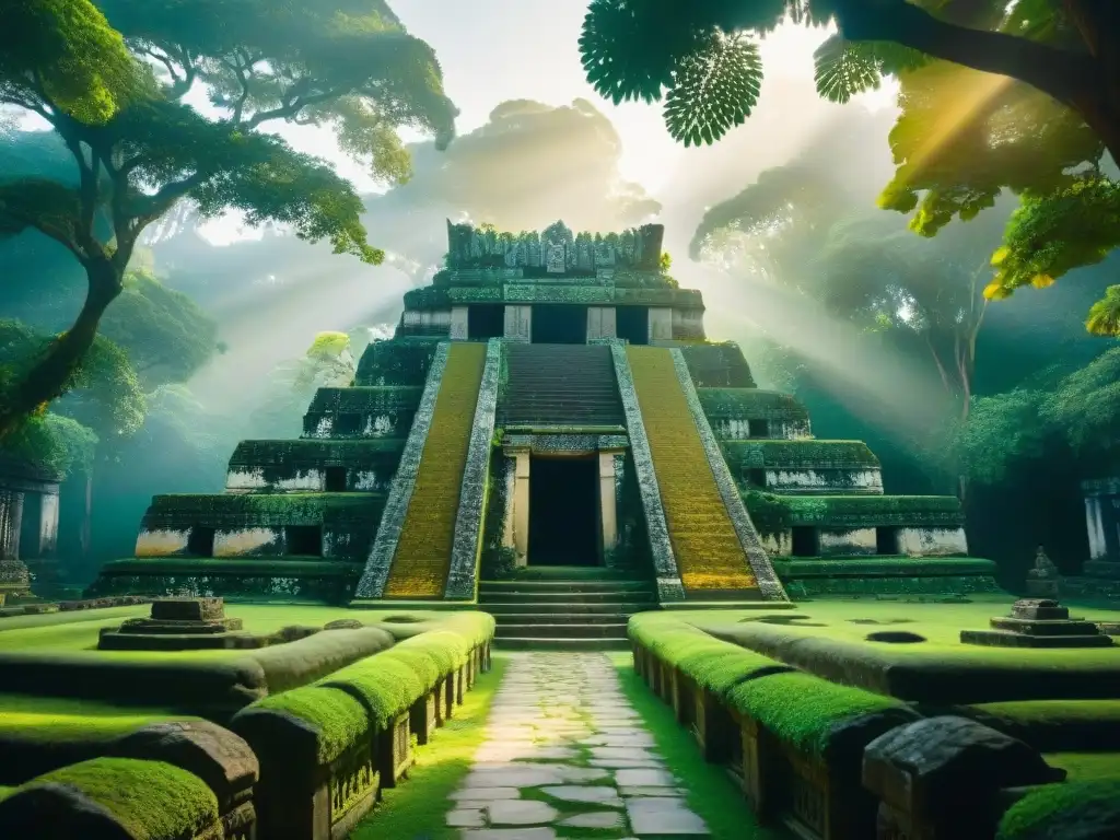 Sendero iluminado por el sol en la selva, revela templo maya oculto entre la vegetación exuberante