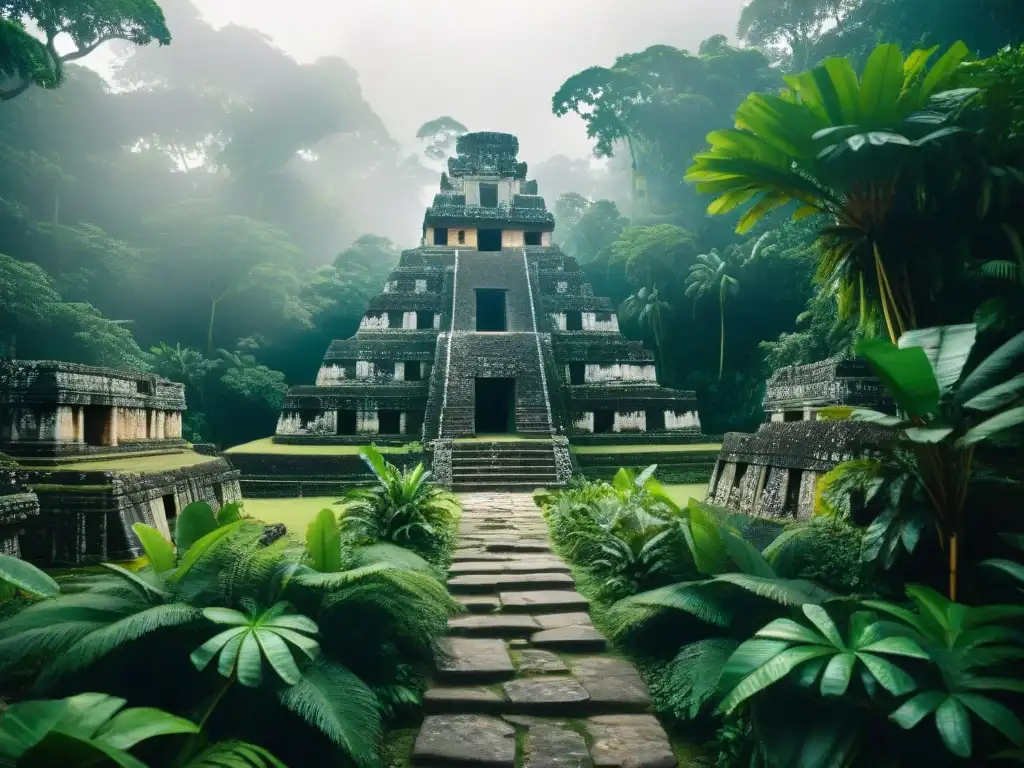 Ruinas del templo Maya: sendero mágico en la jungla Sendero de piedra en la selva hacia ruinas mayas con accesibilidad en sitios mayas turismo