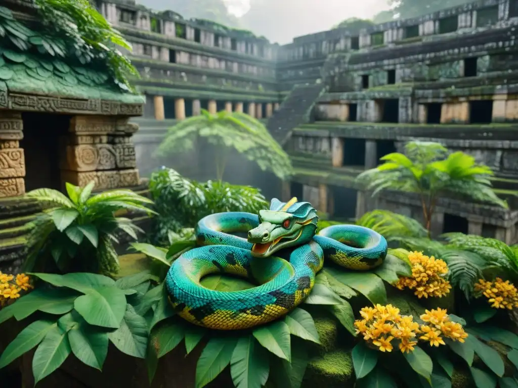 Una serpiente esculpida en piedra en el panteón maya, rodeada de ruinas antiguas y exuberante vegetación