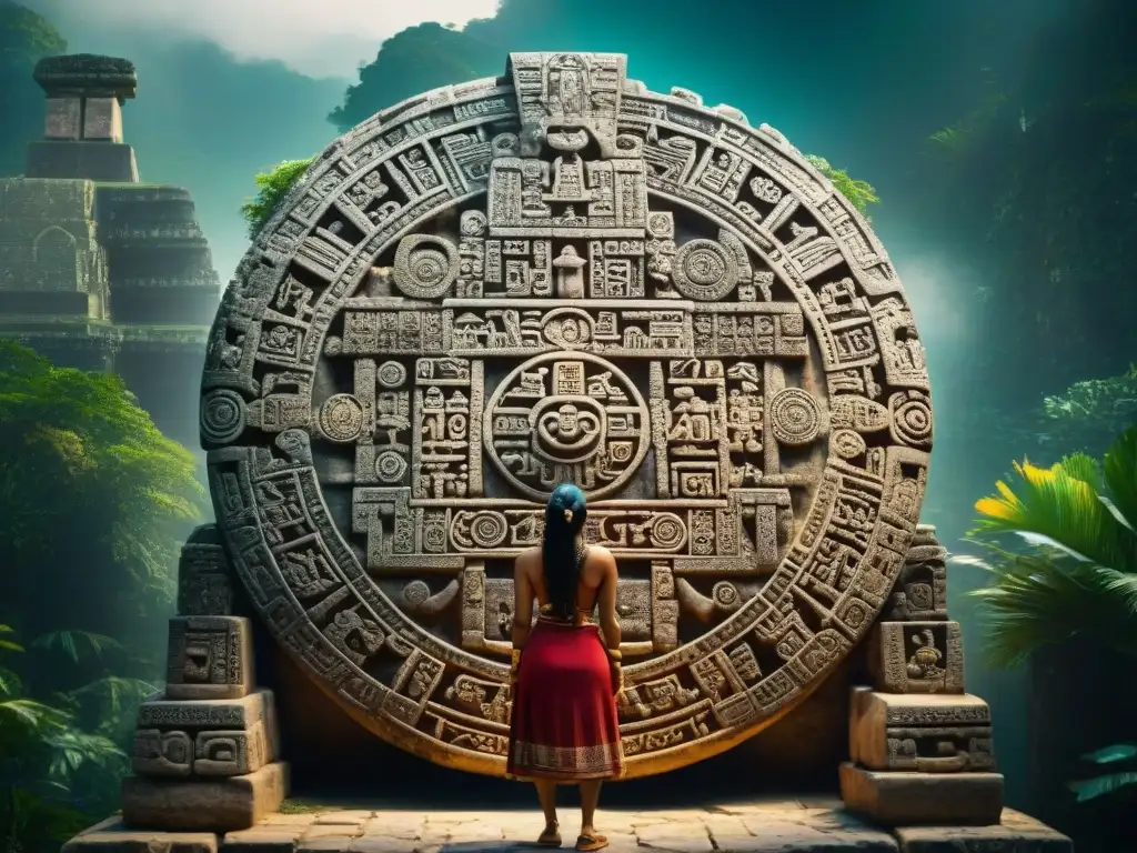 El significado de los números sagrados en el calendario maya, tallados con precisión en una piedra antigua y bañados en luz natural suave