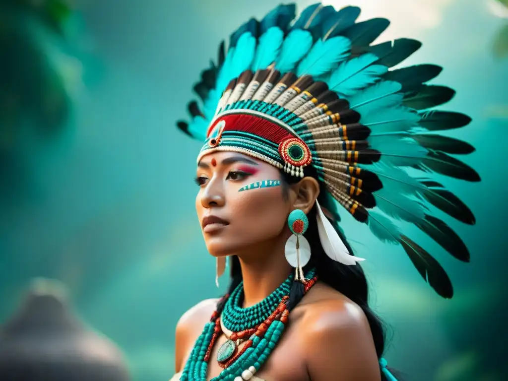 Significado de las plumas mayas reflejado en un majestuoso tocado con plumas de quetzal vibrantes y patrones intrincados