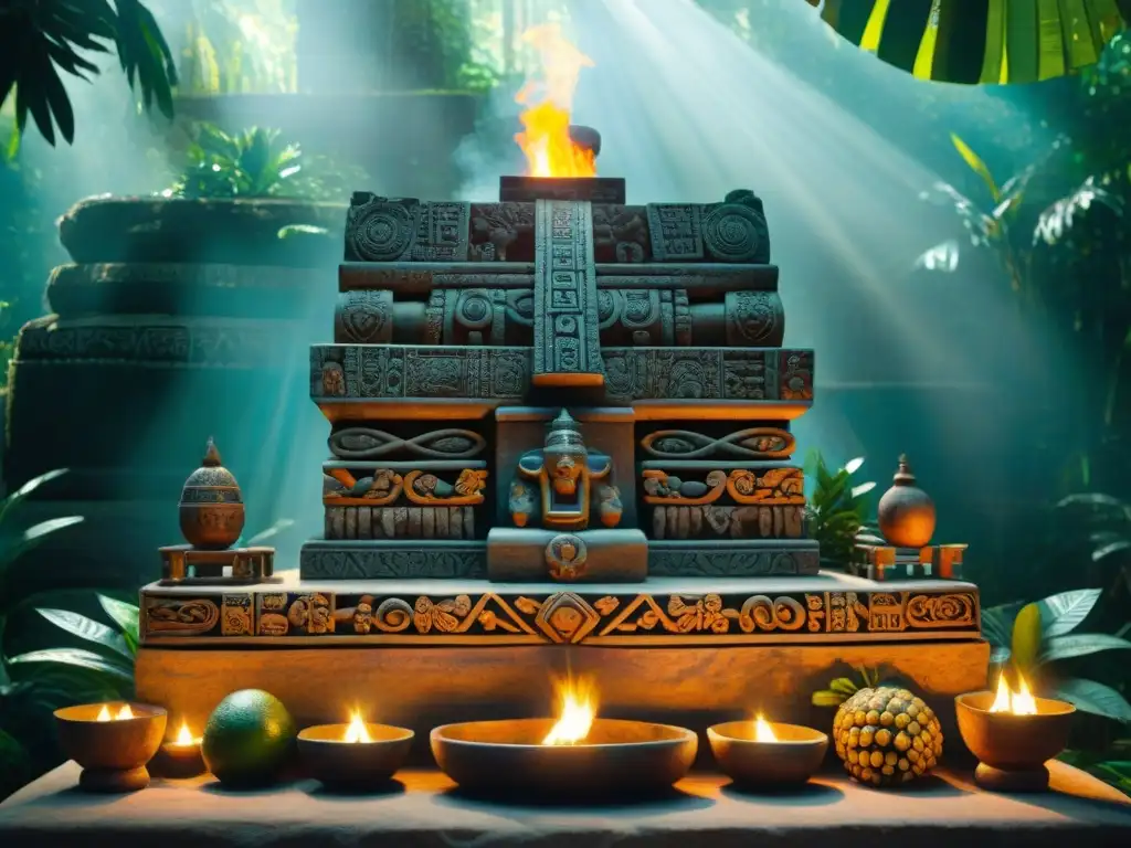 Significado y usos de altares mayas: Un altar maya detallado en la selva, con símbolos tallados, ofrendas y un ritual espiritual