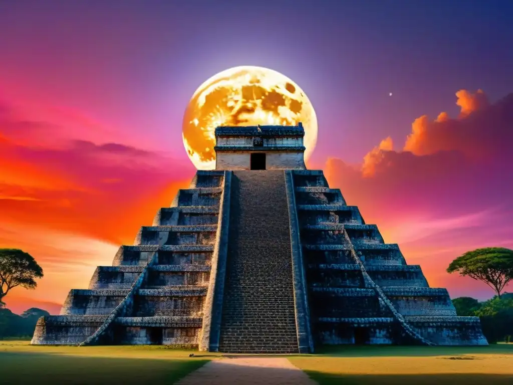 Silueta mística de pirámides mayas contra un atardecer hipnotizante, con la luna llena emergiendo