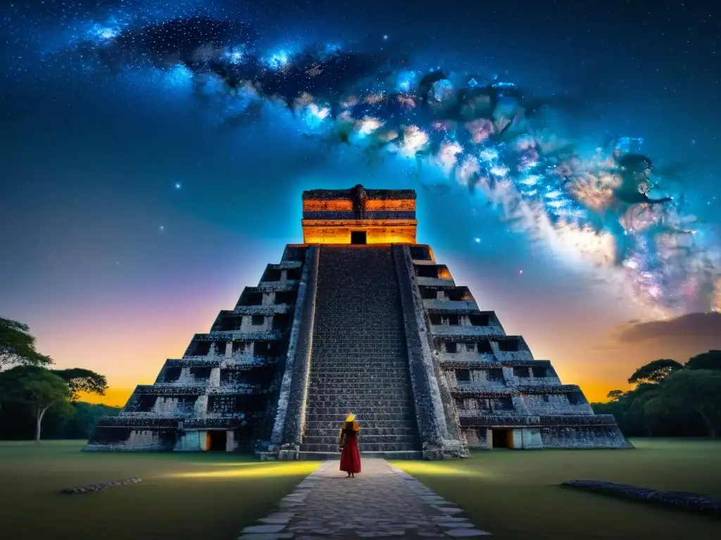 Silueta de templo maya bajo la Vía Láctea, resaltando su conexión con rituales mayas y fenómenos astronómicos