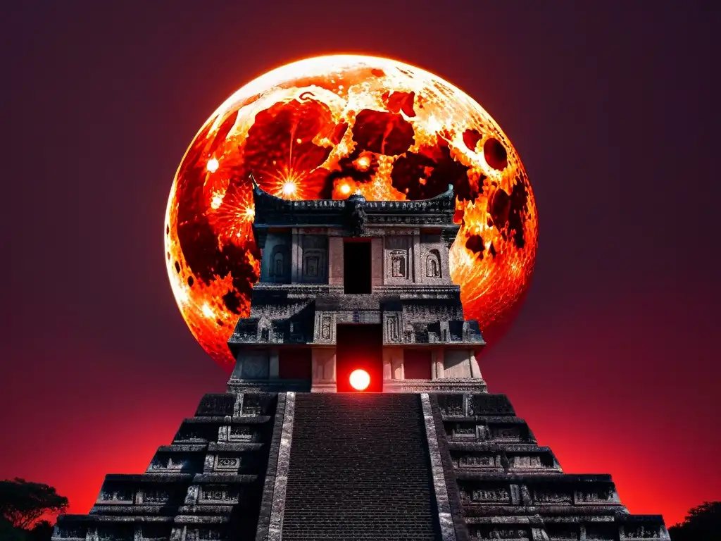 Silueta de templo maya contra luna de sangre en eclipse, destacando la conexión cósmica en las Interpretaciones Mayas eclipses lunares