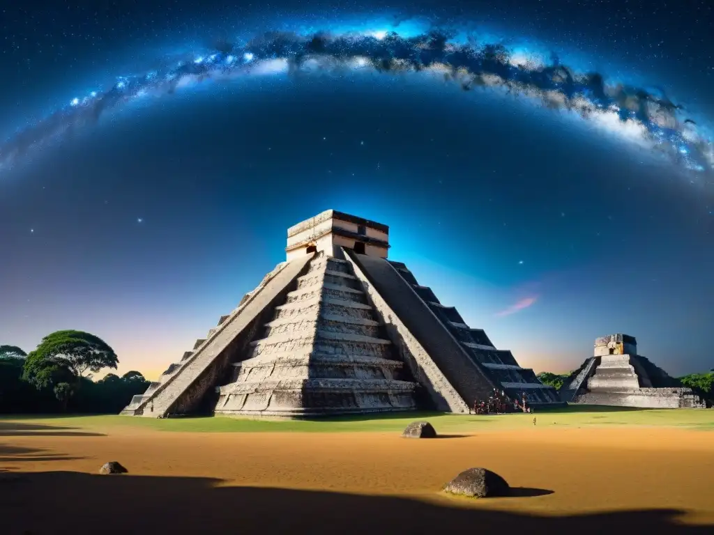 Silueta de templos mayas bajo un cielo estrellado, resaltando la astronomía maya y su conexión con las estrellas