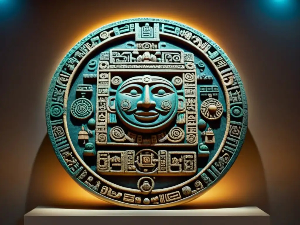 Interpretación del simbolismo de los calendarios mayas en una piedra tallada en un museo