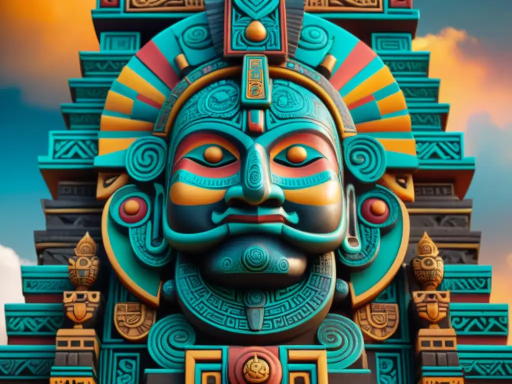 Glyph maya de dualidad: luz y sombra en templo vibrante Símbolo maya de la dualidad entre el bien y el mal en una talla detallada, con un templo maya de fondo