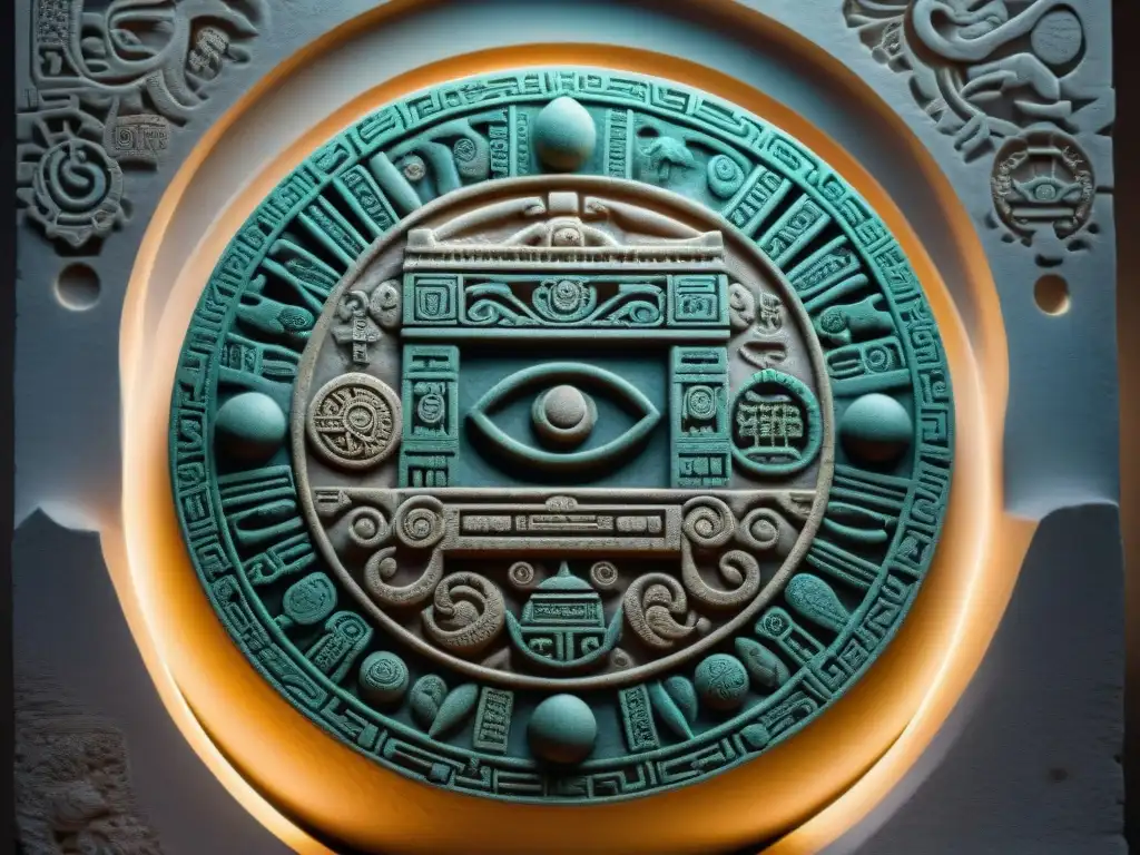 Un símbolo sagrado del pensamiento maya: una piedra del calendario maya detalladamente tallada, iluminada por un rayo de luz