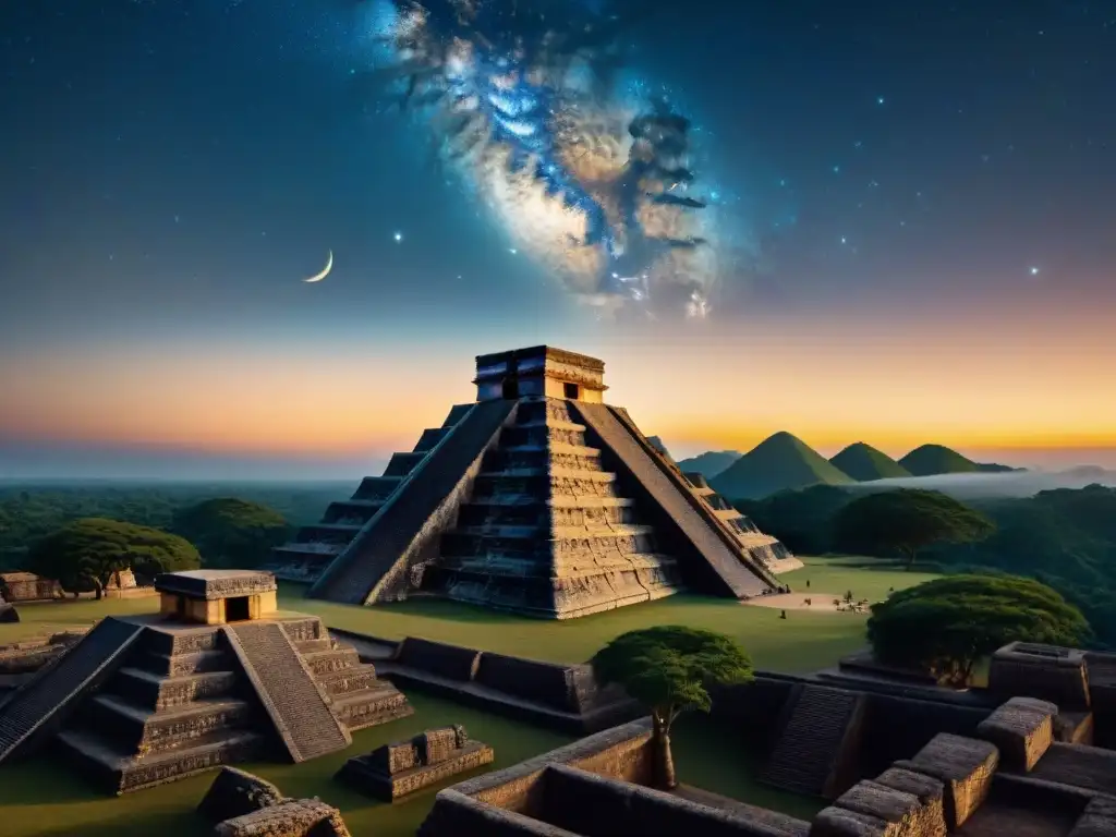 Simulaciones computarizadas astronomía maya: Una vista celestial maya detallada con constelaciones y la Vía Láctea sobre una ciudad antigua