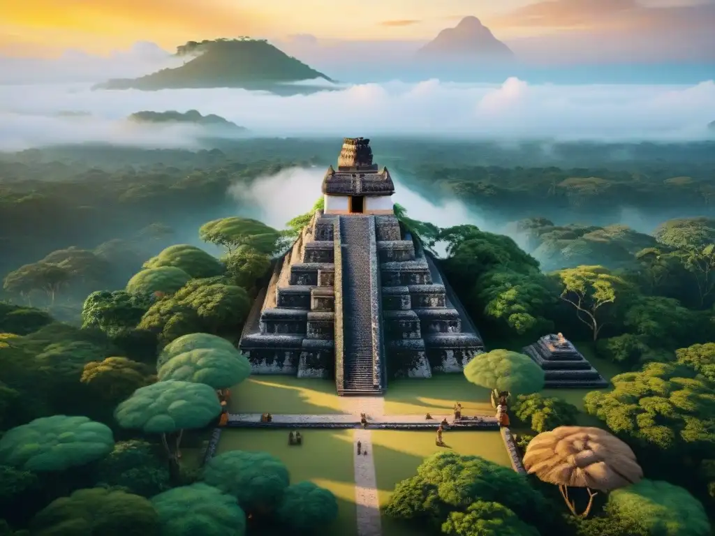 Simulaciones digitales ciudades mayas: Detallada ciudad maya digital al atardecer, con templos de piedra, mercados y vegetación vibrante