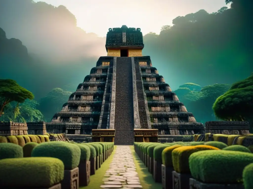 Software de reconstrucción 3D de civilización maya: majestuoso templo rodeado de selva exuberante bajo luz dorada