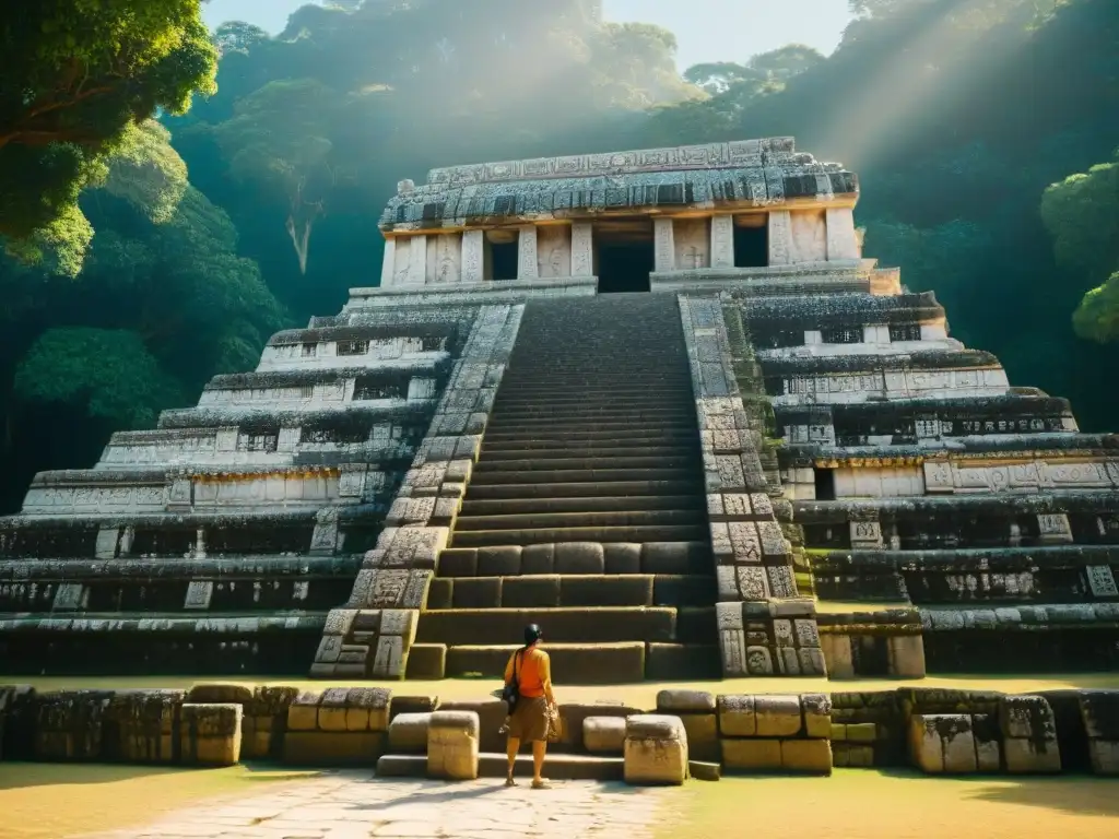 El sol ilumina las antiguas ruinas mayas del Templo de las Inscripciones en Palenque, destacando su arte y arquitectura