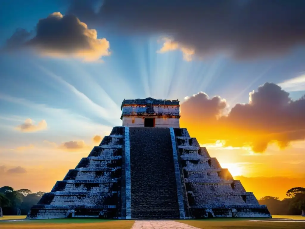 El sol saliendo detrás del Templo de Kukulkán en Chichén Itzá, resaltando la conexión entre fenómenos solares y templos mayas