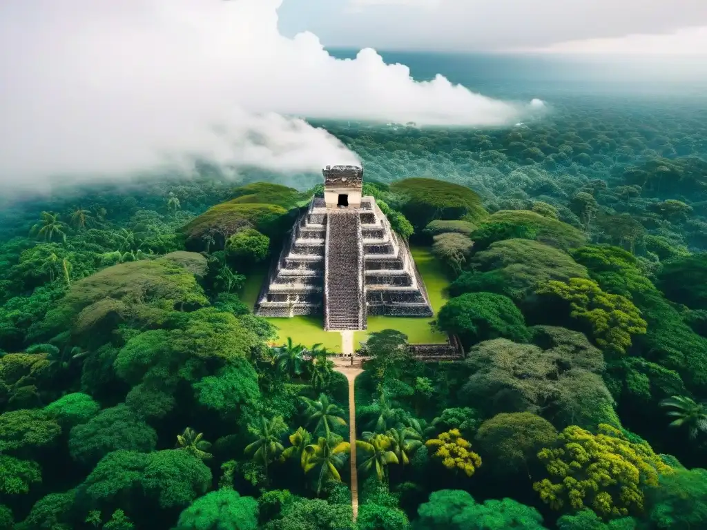 Sostenibilidad urbana en la civilización maya: una ciudad antigua maya bulliciosa, con estructuras de piedra detalladas y naturaleza exuberante