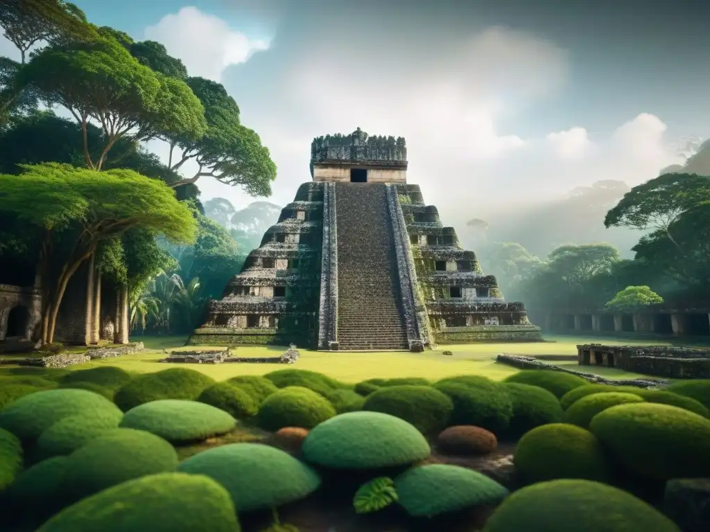 Construcción sostenible en armonía maya: templo ancestral en jungla exuberante y mística