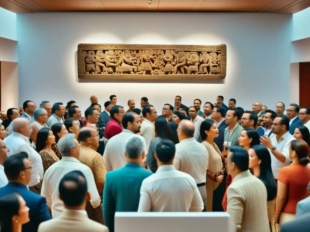 Subasta de arte maya: sala llena de entusiastas pujando por una pieza única mientras el subastador anima la puja