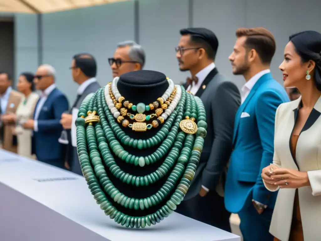 Subasta de Arte Maya: Sublime collar de jade maya en casa de subastas de lujo, pujas y emoción en el aire