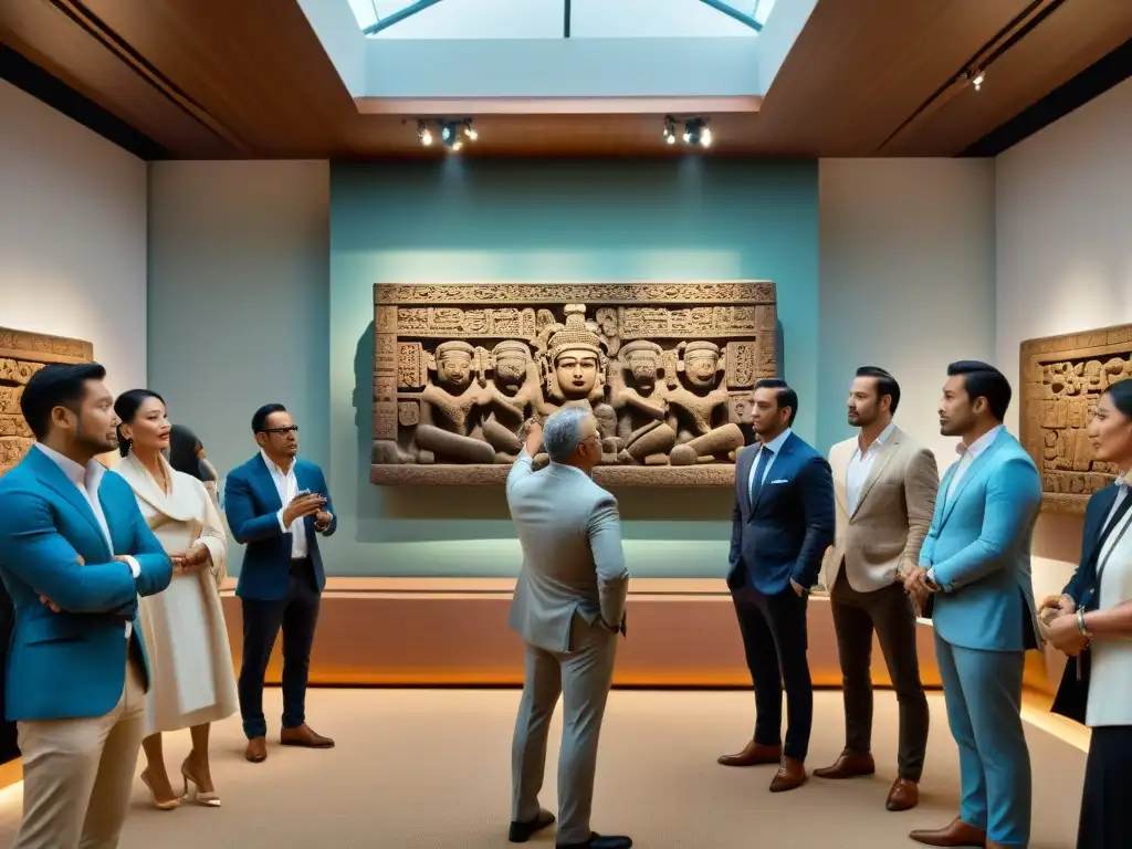 Subasta de arte Maya en turismo cultural: Sala llena de entusiastas y postores, con un impactante artefacto Maya en el centro