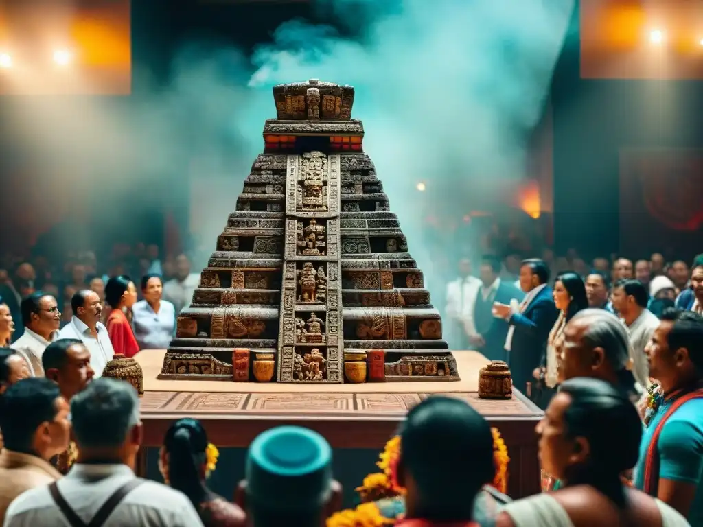 Una subasta maya deslumbrante con arte milenario y pujas emocionantes en un elegante salón de subastas