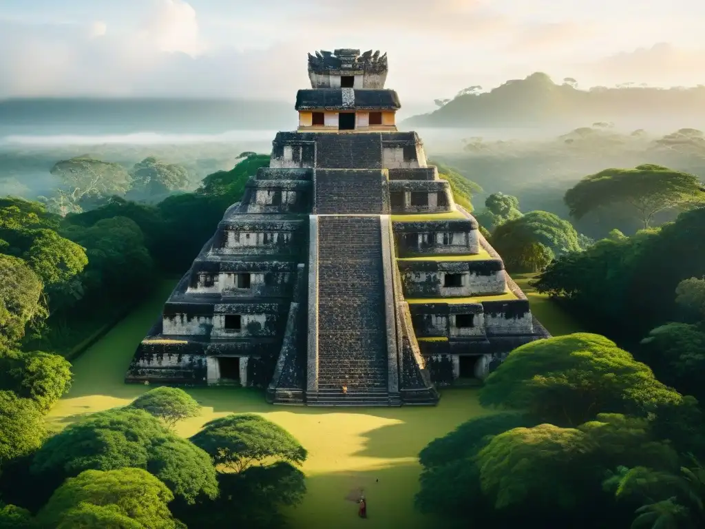 Sublime templo maya al amanecer con detalles en piedra y vegetación exuberante