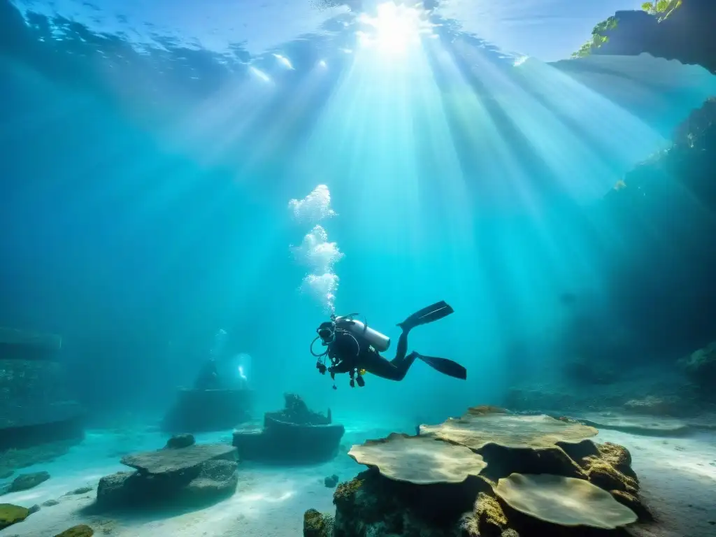 Exploración submarina de arqueología en cenotes mayas, equipo de buceadores excavando artefactos antiguos bajo el agua cristalina