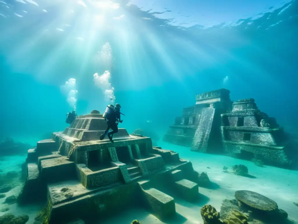 Exploración submarina de arqueólogos documentando sitio maya hundido