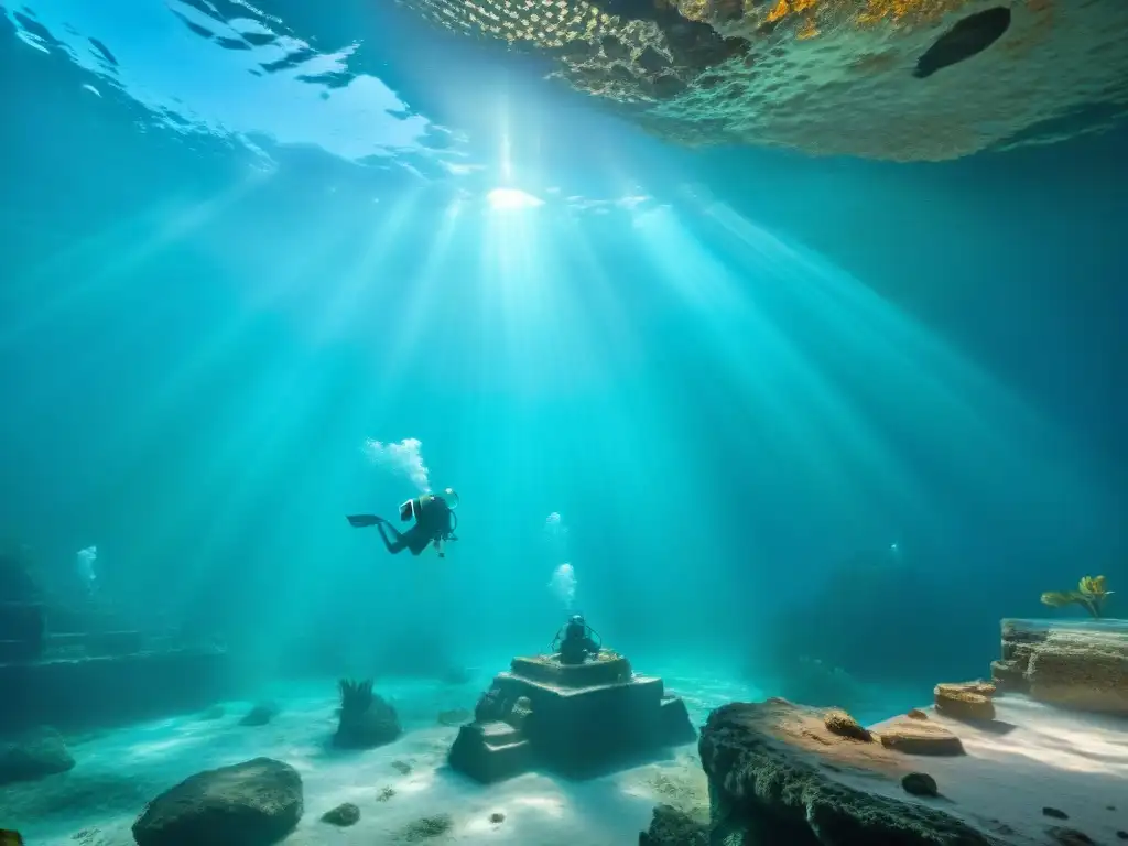 Excavación arqueológica maya en cenote: descubrimientos subacuáticos Exploración submarina de artefactos mayas en cenote iluminado por el sol, resaltando la conservación patrimonio submarino maya