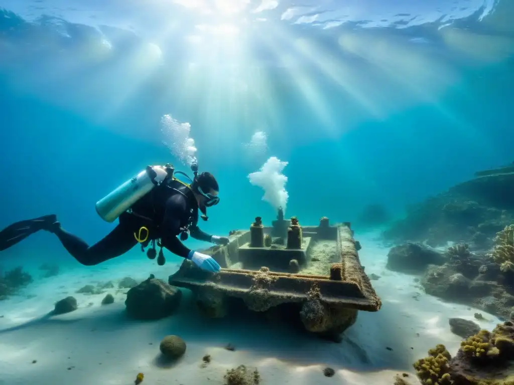 Exploración submarina de una civilización maya: arqueólogos descubriendo un artefacto antiguo en el fondo marino