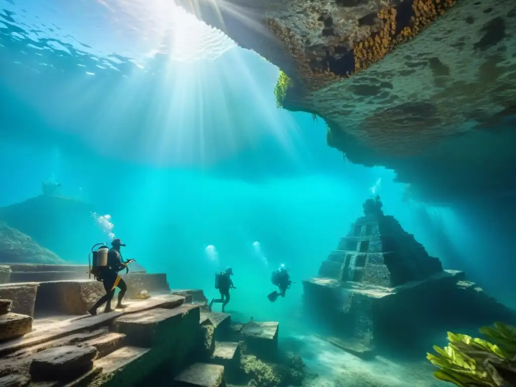 Exploración submarina de la civilización maya: Arqueólogos buceando entre ruinas mayas en un cenote cristalino, iluminados por el sol