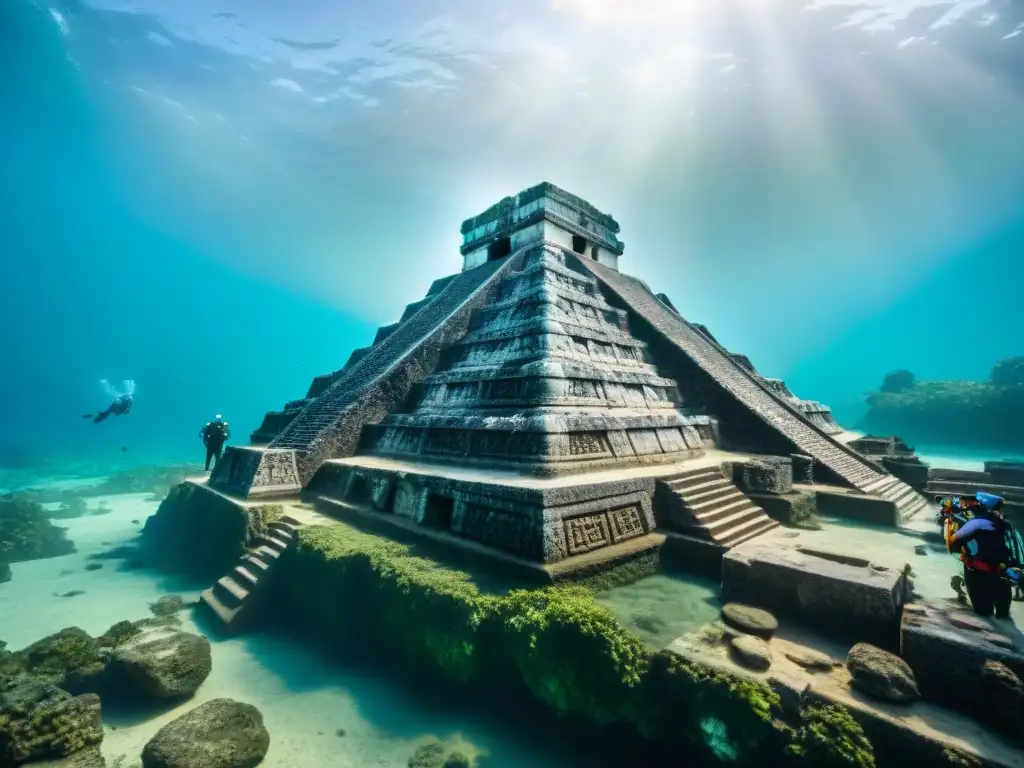 Exploración submarina de la civilización maya: arqueólogos sumergidos entre ruinas, artefactos antiguos y aguas cristalinas iluminadas por el sol