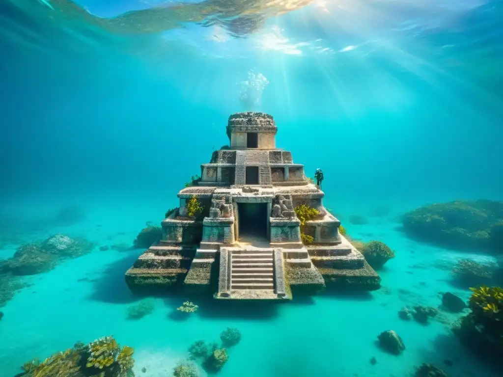 Submarinistas exploran un templo maya sumergido, revelando tesoros ancestrales en un mar turquesa lleno de vida marina