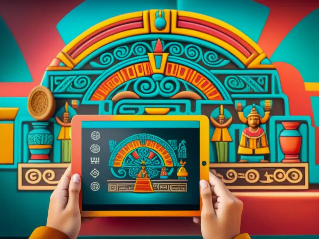 Tableta digital muestra mural maya de cocina rodeado de hieroglíficos