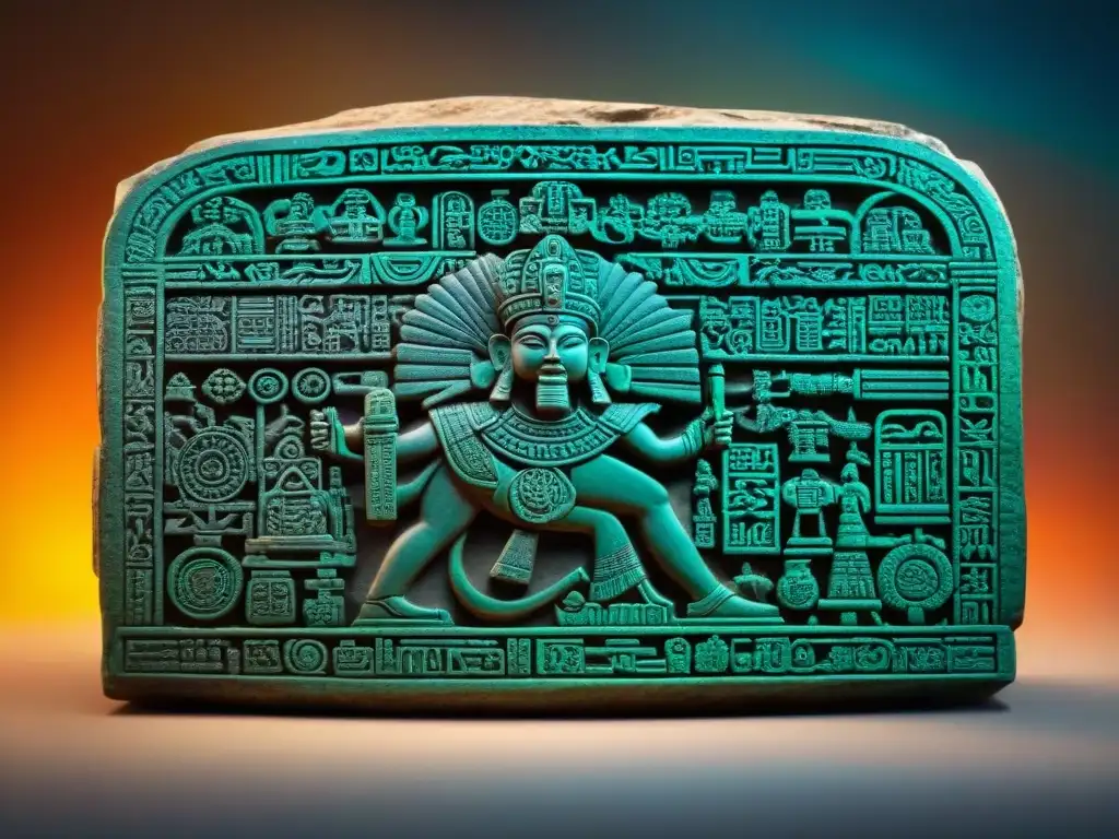 Tableta de piedra tallada con la deidad maya Kukulkan y jeroglíficos detallados, reflejando la riqueza de la leyendas mitología maya escritura