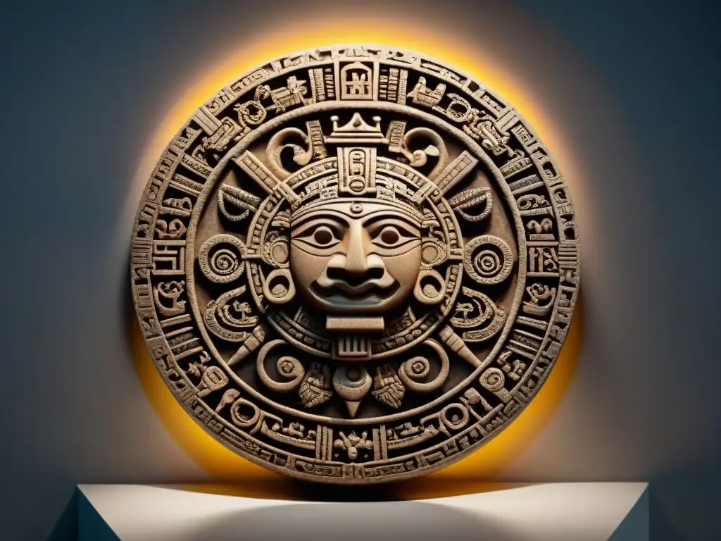 Una talla detallada del calendario maya, con diseño circular y jeroglíficos