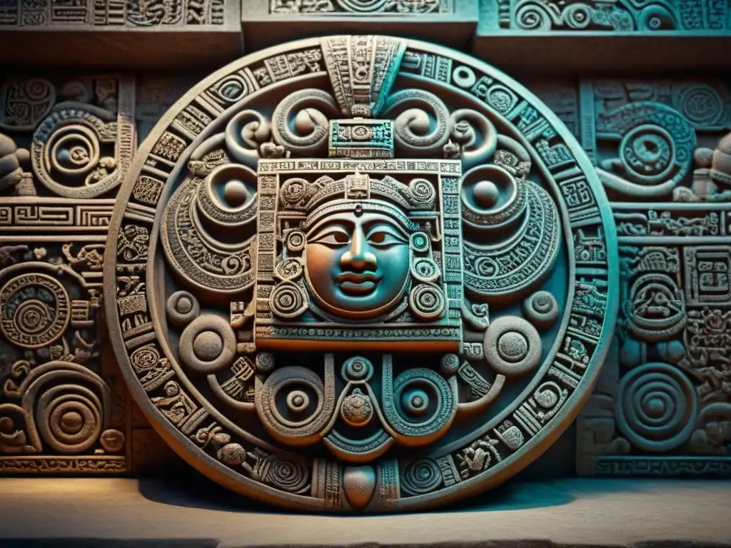 Una talla maya detallada de patrones celestiales, rica en color y misterio, reflejando las profecías de los eclipses y el fin del mundo