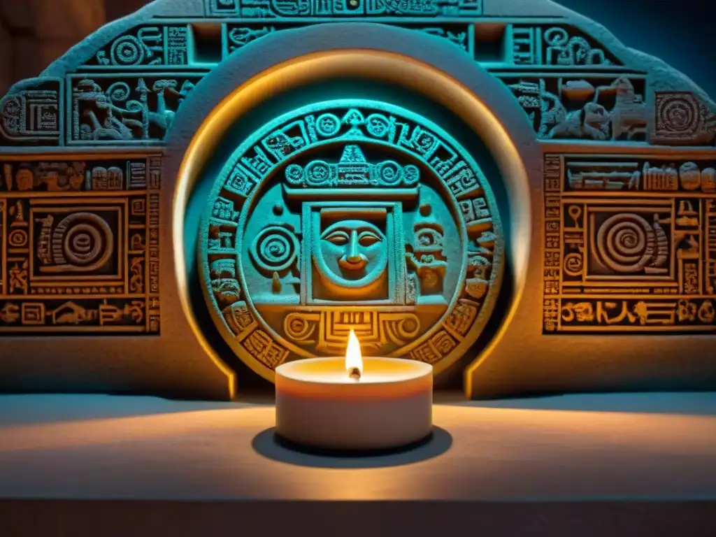 Una talla de piedra del calendario maya iluminada por una vela en un sitio arqueológico