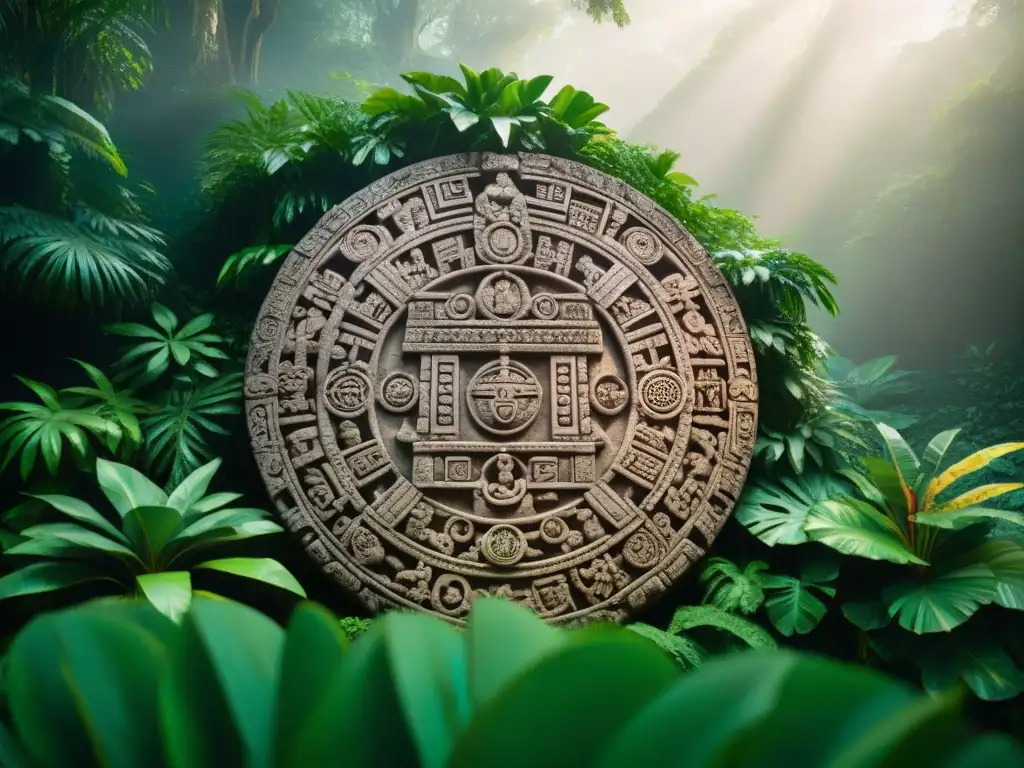 Una talla de piedra detallada del calendario maya en la exuberante selva tropical, iluminada por el sol